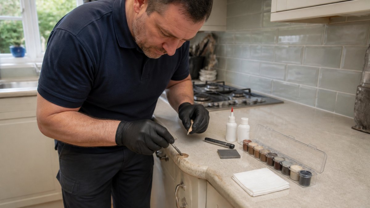A technician in a clean uniform working on a chipped kitchen worktop in an occupied home, using small tools and colour-matching materials, with the existing kitchen units and tiling untouched around the repair area