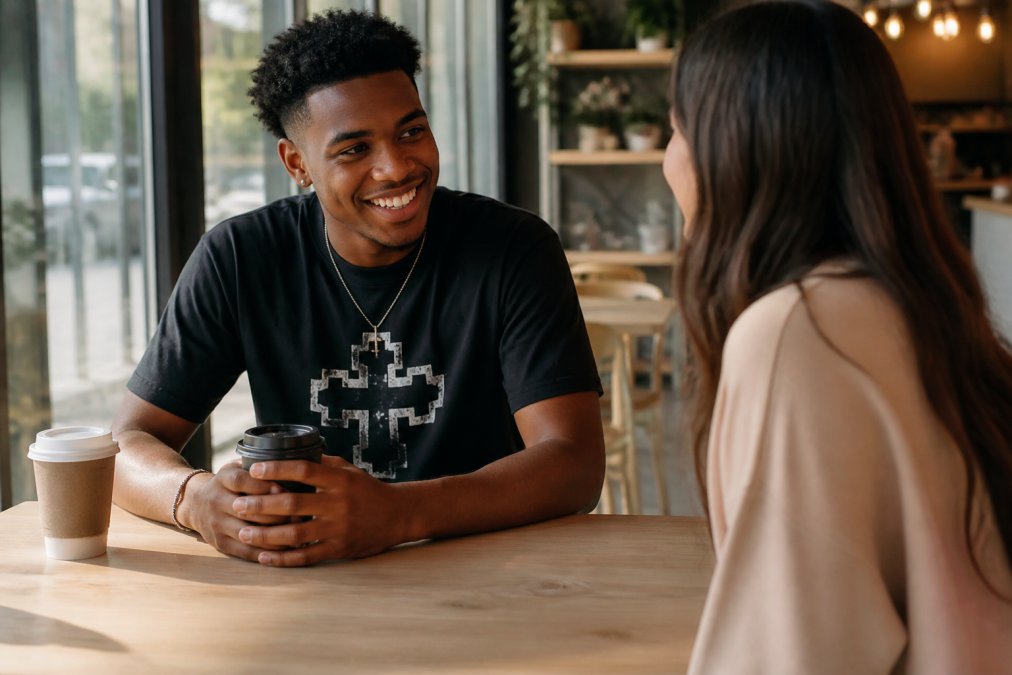 A young adult wearing a bold faith-based graphic tee, smiling while talking with a friend at a coffee table in a bright coffee shop, casual streetwear style, natural window lighting