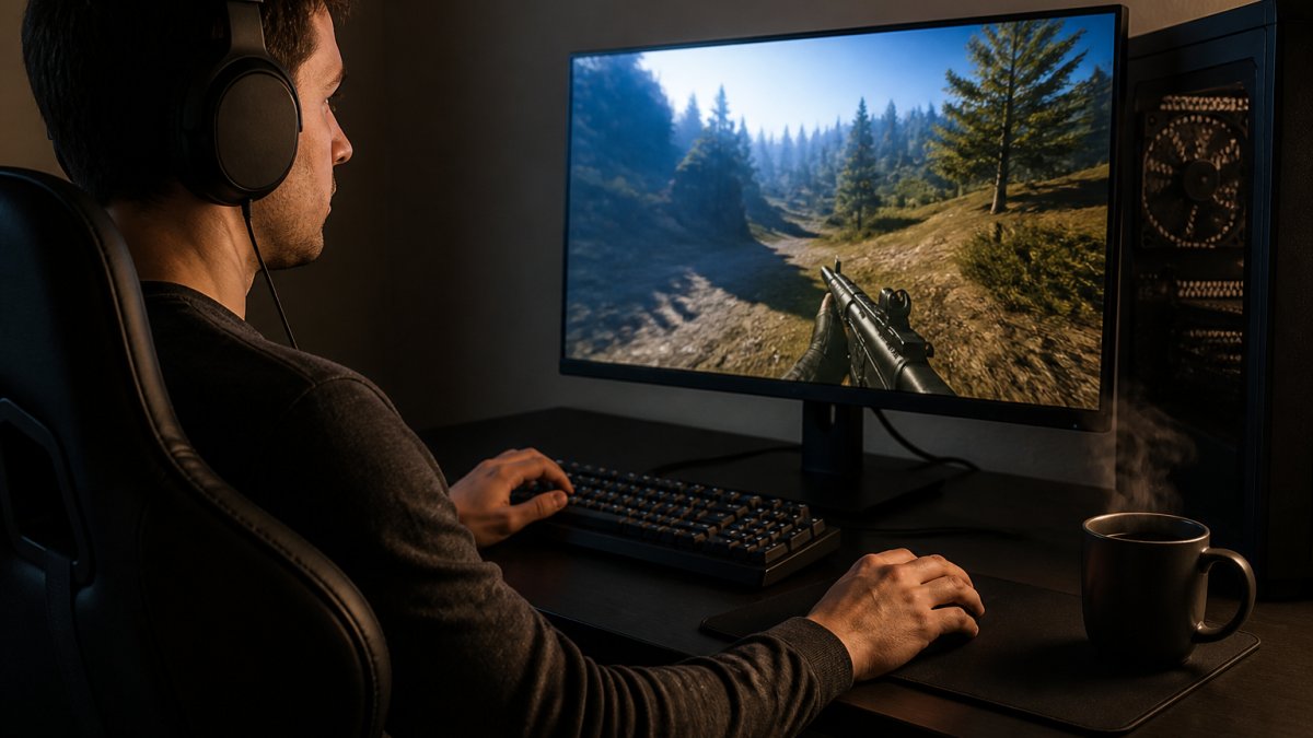 A gamer at a desk with a headset on, one hand on a mouse, a mug of black coffee steaming beside the keyboard, monitor glowing with a game in progress