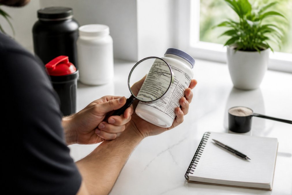 Close-up of hands holding a supplement bottle while examining the ingredient label with a magnifying glass against bright natural light, with a notepad of ingredients nearby on a white countertop