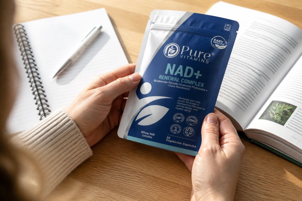 Close-up of hands carefully reading a supplement bottle's ingredient label and dosage information in natural daylight, with a notepad and reference guide visible on the table