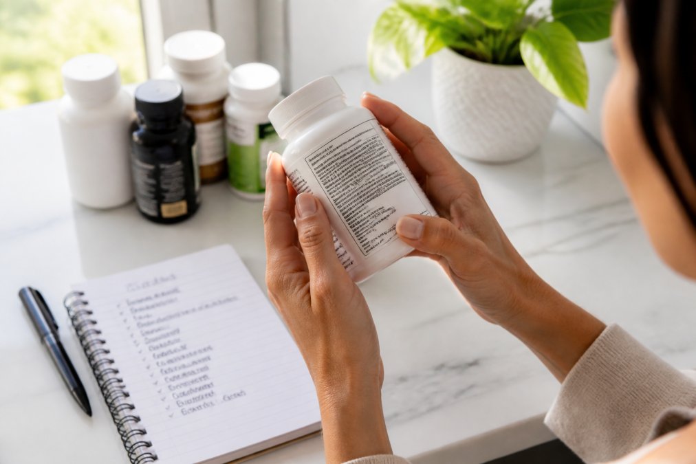 Hands holding a supplement bottle while examining the detailed ingredient label against bright natural light, with a notepad listing suspicious ingredients and chemical compounds nearby on a white countertop
