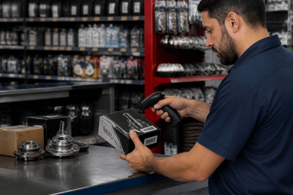 Auto parts worker scanning a boxed item while a cloud POS system displays live inventory data on a desktop monitor.