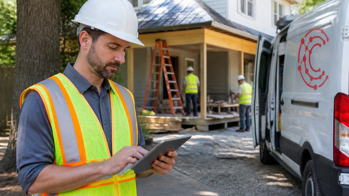 Contractor using cloud software on a tablet to coordinate a job site project schedule with his crew