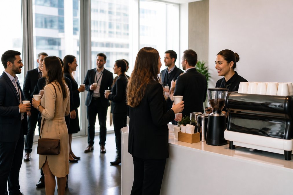Corporate event attendees gathered in small conversation clusters around a sleek branded mobile coffee cart at a high-rise downtown venue, with a professional barista engaging with a guest while others hold custom-branded cups and smile