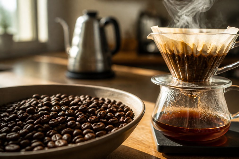Close-up of freshly roasted coffee beans with visible oils, steam rising from a pour-over brewer, warm morning light on a kitchen counter