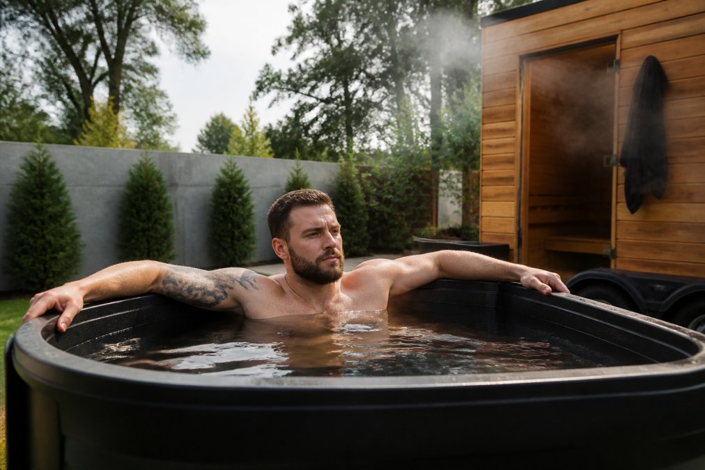 Athlete sitting in a cold plunge tub in a backyard setting, with a sauna trailer nearby, steam rising, natural daylight, focused expression