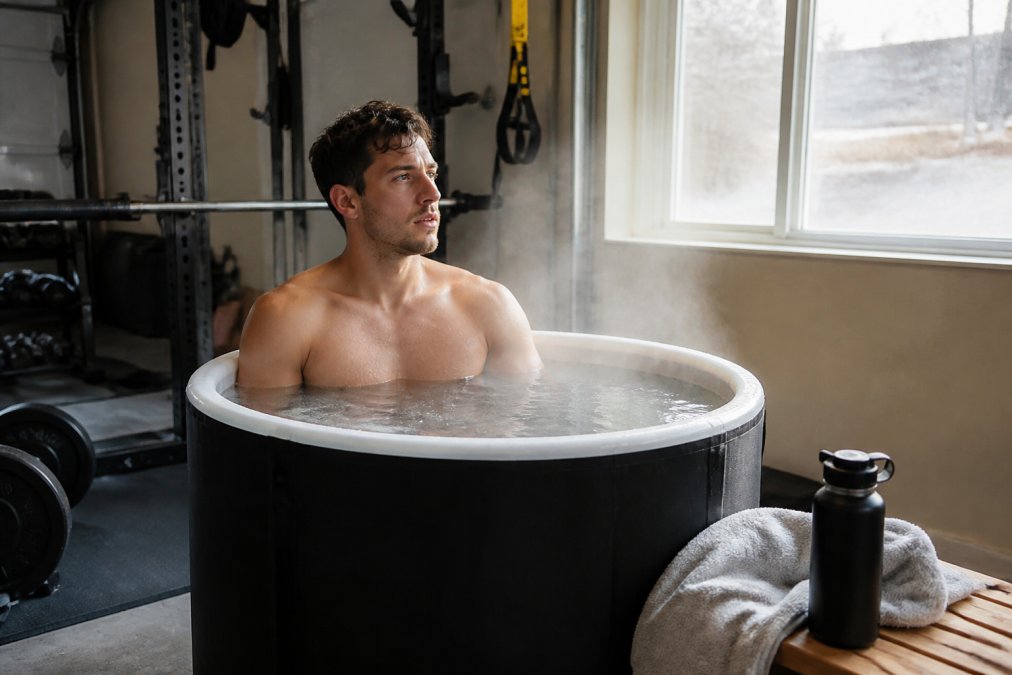Athlete relaxing in a home cold plunge tub to boost the benefits of cold plunge for immune system health