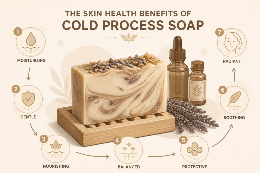 Close-up of a handcrafted cold process soap bar with visible botanicals and natural swirls resting on a wooden soap dish beside dried lavender and essential oil bottles