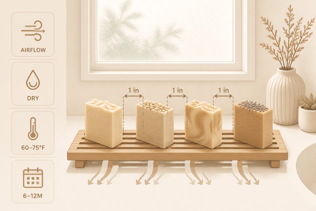 Several artisan soap bars arranged on a slatted wooden soap rack in a bright, airy bathroom with natural light streaming through a frosted window, showing proper airflow storage with space between each bar