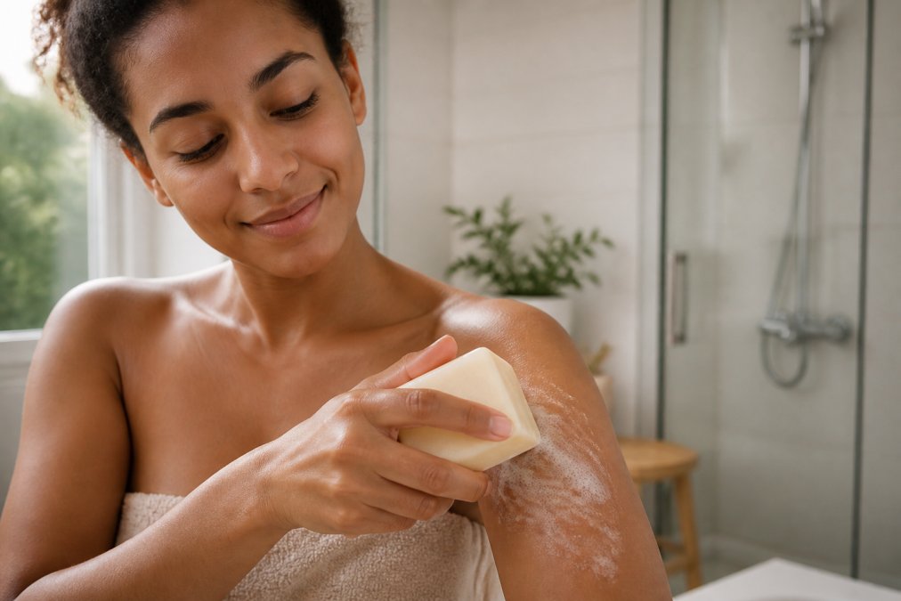 Close-up of a woman with sensitive skin gently applying a cold processed shea soap bar to her forearm in a bright bathroom, with soft natural light highlighting the creamy lather