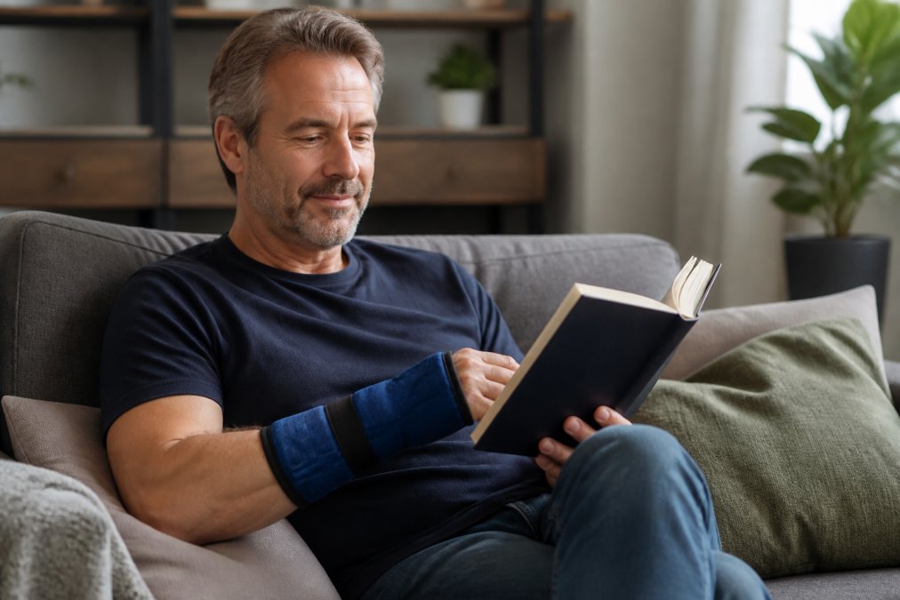 Person relaxing on a couch with a cold compression sleeve on their wrist to enjoy the benefits of cold therapy for chronic