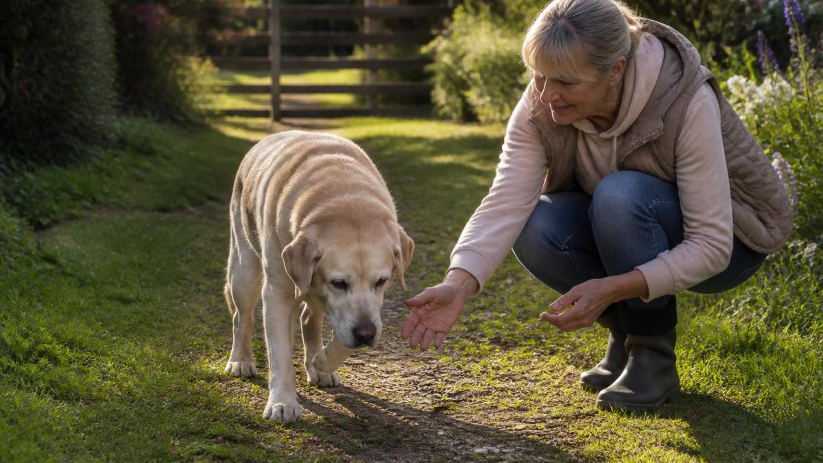 An older Labrador walking slowly along a grassy garden path in warm afternoon sun, with an owner crouching nearby and gently encouraging it forward