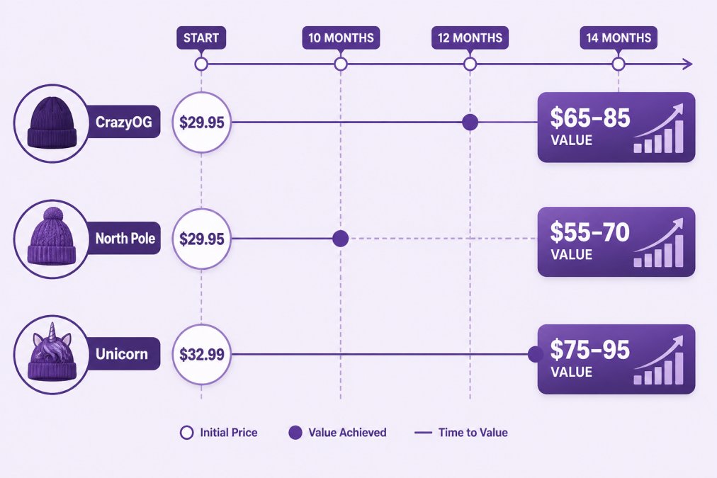 Timeline chart showing limited edition beanie value appreciation: CrazyOG initial price $29.95 appreciates to $65-85 after 12 months, North Pole $29.95 appreciates to $55-70 after 10 months, Unicorn $32.99 appreciates to $75-95 after 14 months