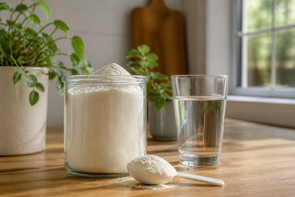 Close-up of a glass jar of white colostrum powder on a wooden kitchen counter next to a glass of water and green plants in soft natural light