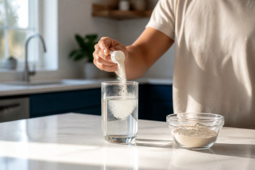 A person's hand holding a white scoop over a clear glass of water on a bright kitchen counter, soft morning light, powder gently falling into the glass
