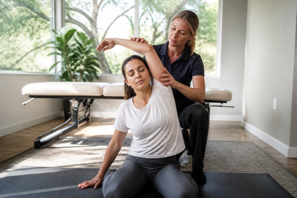 A chiropractor guiding a patient through a gentle seated yoga stretch in a bright, calm treatment room with large windows and natural light