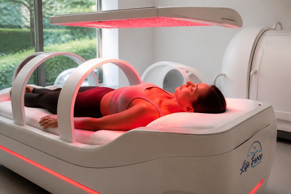 Patient receiving combined PEMF and red light therapy simultaneously in a modern wellness clinic, lying on a treatment bed with electromagnetic coils and red light panels positioned above, soft natural lighting from clinic windows