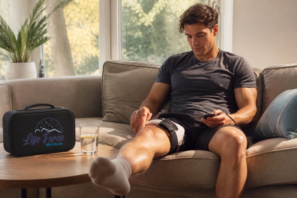 Athlete using a portable PEMF device at home, positioned on their leg while seated comfortably on a couch in a bright residential setting with natural afternoon light