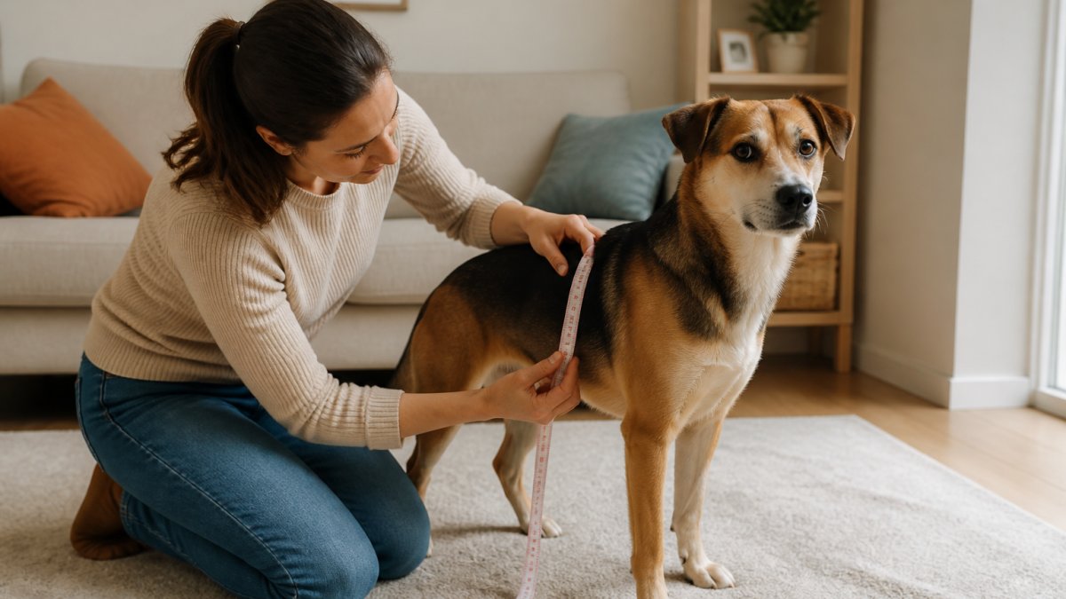 A woman kneeling beside a calm medium-sized dog on a living room floor, holding a soft measuring tape around the dog's chest while the dog stands relaxed