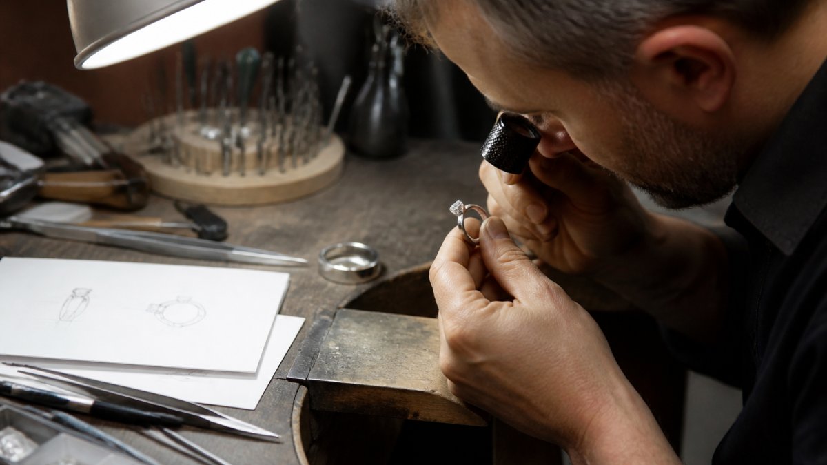 Master craftsman carefully examining a bespoke engagement ring design with jeweller's tools and a 3D rendering visible on a workbench under bright task lighting