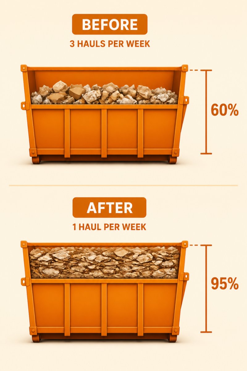Diagram showing a 20-yard roll-off dumpster before and after compaction, with loose material filling 60% of the container and compacted material filling 95%, labeled "Before: 3 hauls per week" and "After: 1 haul per week"