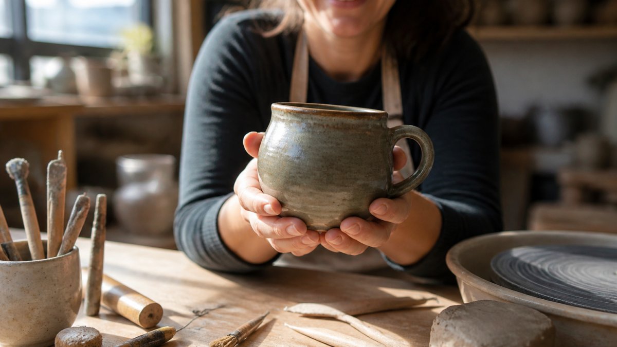 A close-up of hands holding a finished handmade pottery mug, with a warm smile visible in the background, natural light streaming across a wooden table scattered with craft tools