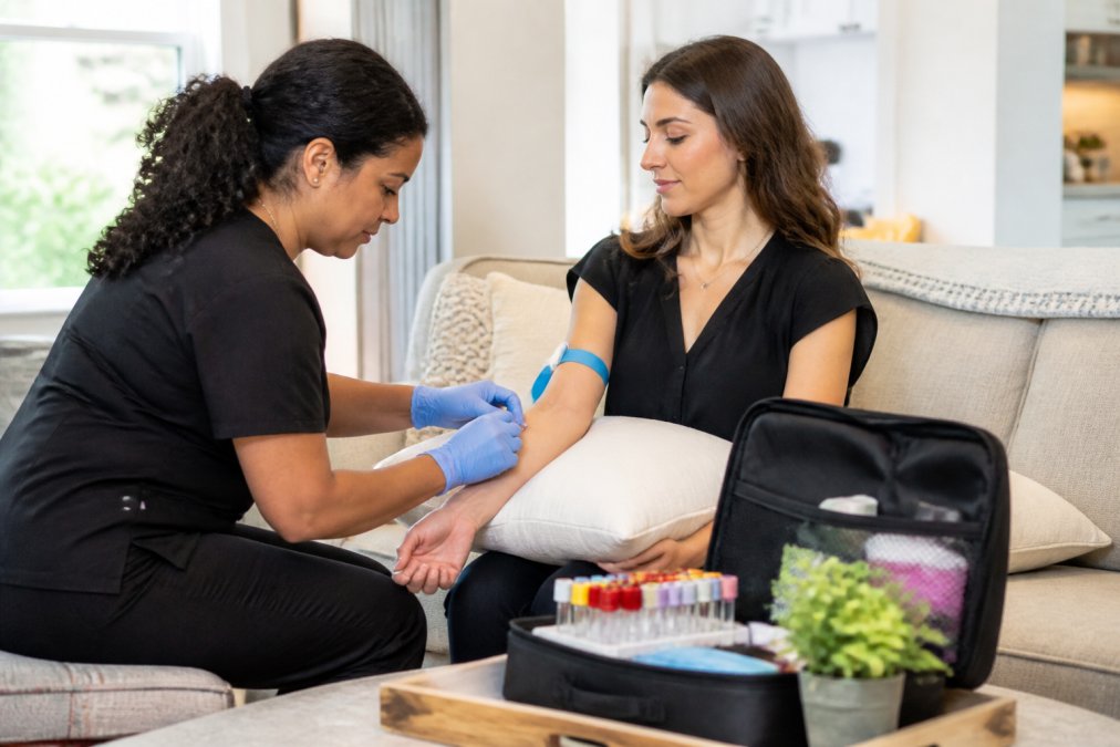 A licensed phlebotomist in professional attire gently performing a blood draw on a seated adult patient in a bright, comfortable home living room, with a medical kit open on a nearby table