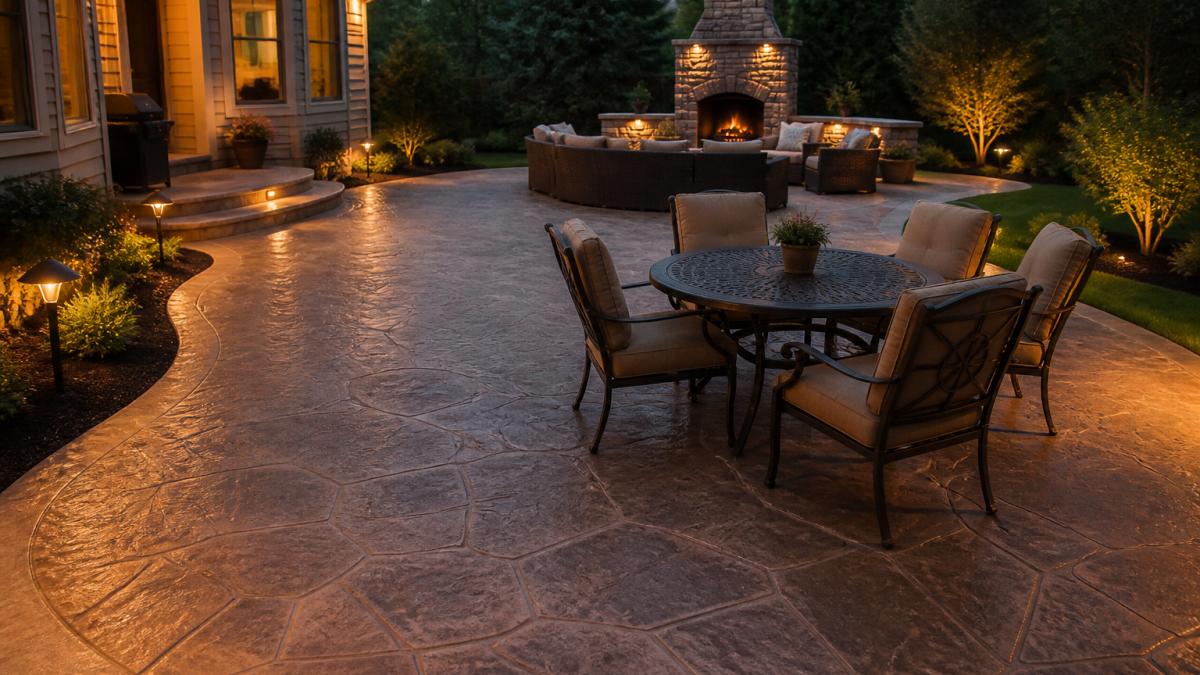 Finished stamped concrete patio with decorative finish patterns and texture, outdoor furniture arrangement, and entertaining area in a residential backyard with landscaping and evening lighting