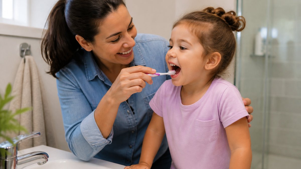 Parent helping a preschooler brush their teeth, illustrating the benefits of consistent dental care for children.