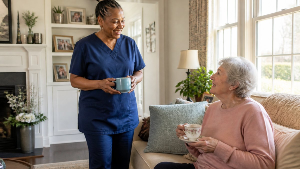 Older adult smiling warmly while conversing with a caregiver over tea in a bright, comfortable living room with natural sunlight streaming through windows
