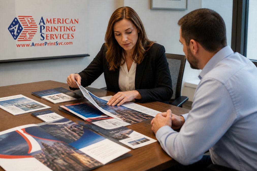 A procurement officer reviewing printed marketing collateral samples spread across a conference table, comparing branded brochures and banners in a professional office setting under bright overhead lighting