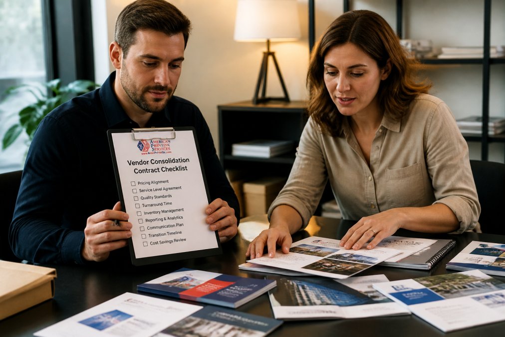A business professional with a clipboard reviewing a printed vendor contract checklist alongside a colleague examining branded printed documents spread across a modern office desk under warm overhead lighting