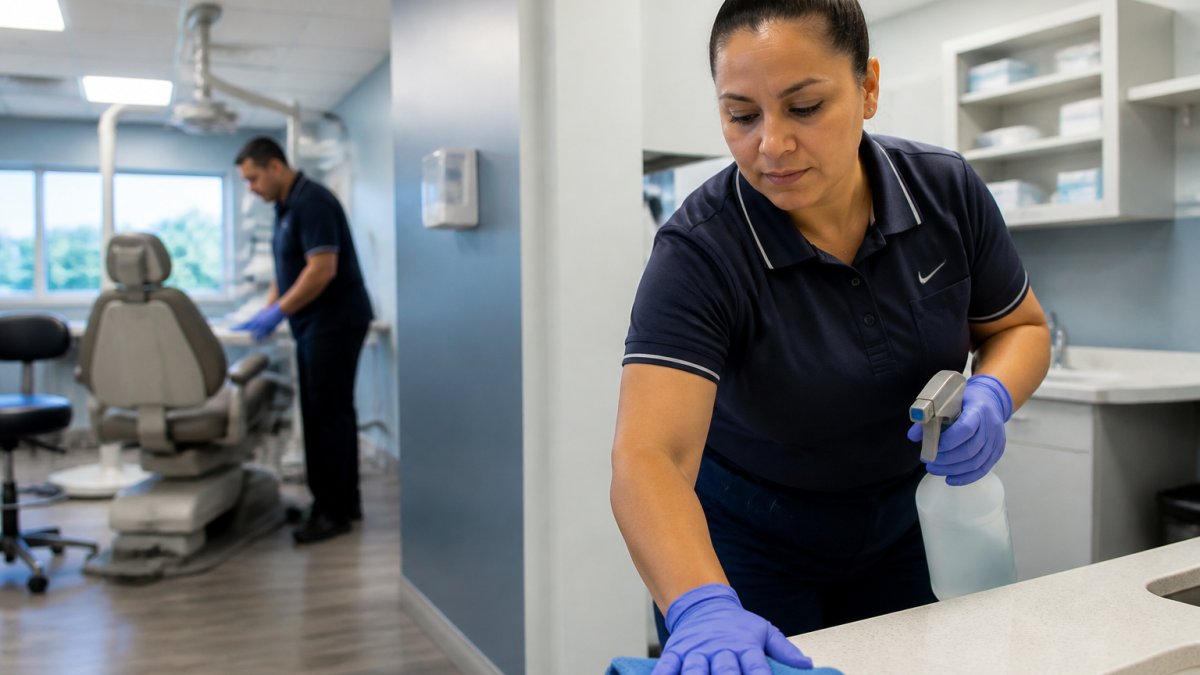 OSHA-trained cleaning staff in professional uniforms performing high-touch surface disinfection in a modern medical office, using hospital-grade disinfectants with spray bottles and microfiber cloths under bright fluorescent lighting