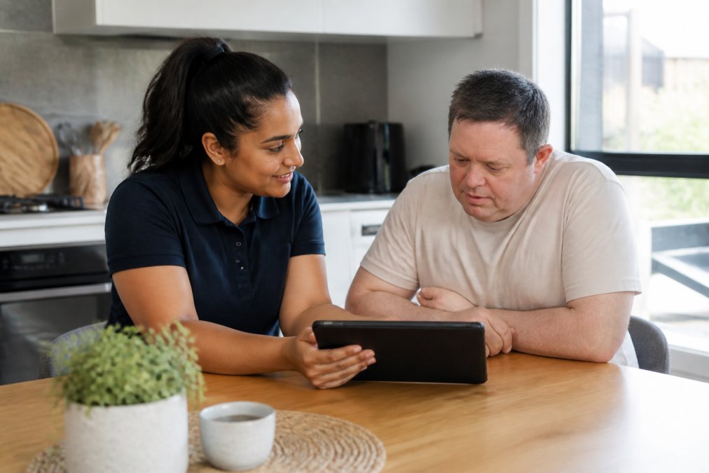 A support worker sitting beside an NDIS participant at a kitchen table, both looking at a weekly roster on a tablet, warm natural light through the window, calm and unhurried atmosphere