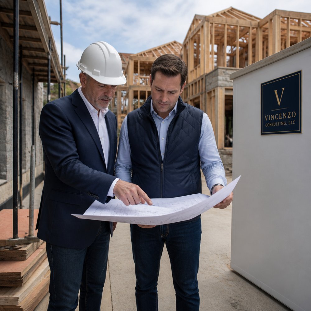 A professional consultant in a hard hat reviewing blueprints with a project owner at an upscale construction site, with a luxury home frame in the background
