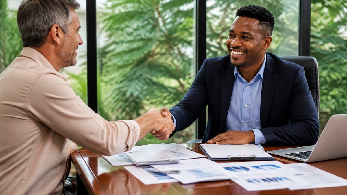 A business owner and a consultant shaking hands across a desk in a bright office, with financial documents and a laptop showing savings figures visible on the table