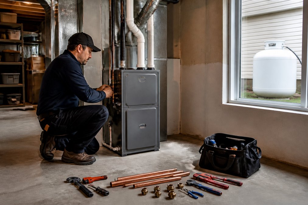 A professional HVAC technician in work clothes installing a modern propane furnace in a residential basement, with the new tank visible through a window