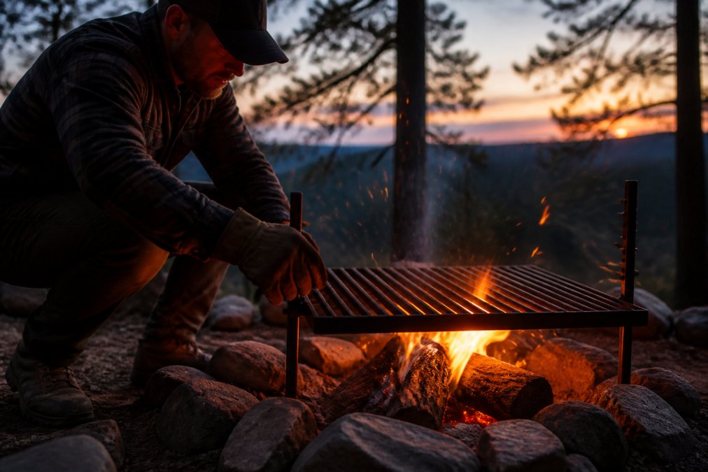 Person adjusting a steel grill over a campfire at dusk to enjoy the benefits of cooking over wood fire