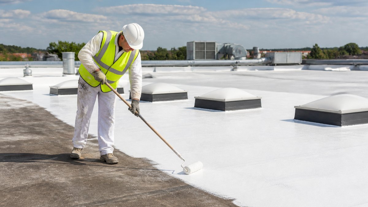 A roofing contractor in protective workwear applying a white reflective coating to a large flat commercial roof on a bright day, with rooftop plant and skylights visible in the background