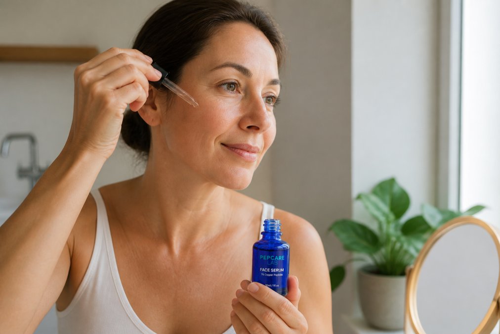 Close-up of a woman in her late 30s gently applying a clear serum to her cheek in soft natural morning light, skin looking smooth and hydrated