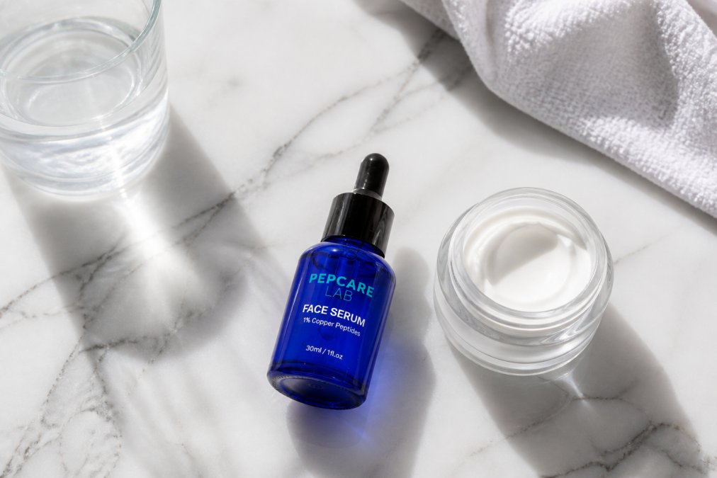 Flat lay of a minimal skincare routine: a small glass serum bottle and a cream jar on a white marble surface with soft natural light, no clutter