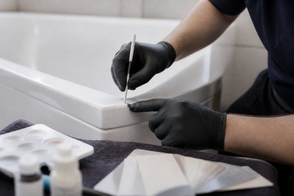 Close-up of a technician's gloved hands applying a colour-matched finish to a chipped bath edge in a bright bathroom, with repair tools and colour swatches visible nearby