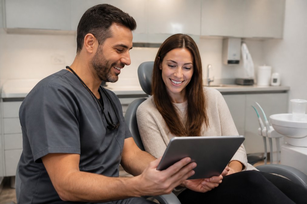 A dentist and patient reviewing a smile makeover plan on a tablet in a bright, modern dental clinic, both looking comfortable and engaged
