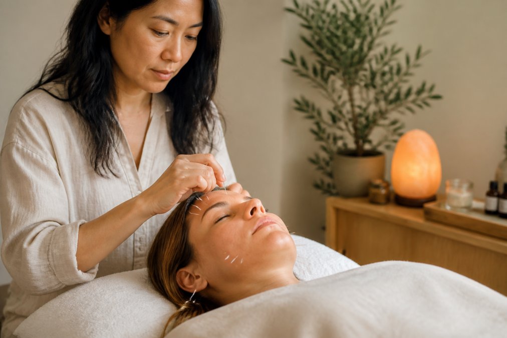 Licensed acupuncture practitioner performing facial acupuncture on a relaxed client in a serene, dimly lit treatment room with soft ambient lighting and calming décor