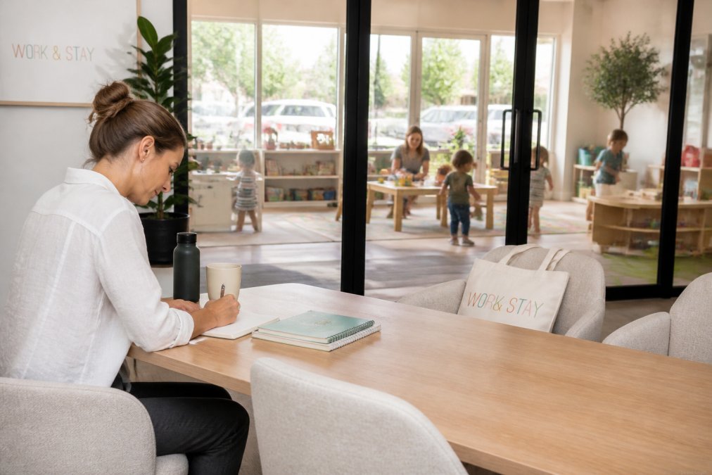 Parent working in a modern coworking space for parents with children playing in a nearby supervised classroom.
