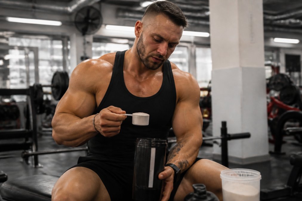 An athlete in a gym setting holding a protein shaker bottle with creatine powder and a scoop nearby, focused and determined after a workout