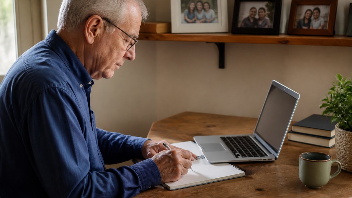 An older adult sitting at a wooden desk with a notebook and pen, thoughtfully writing notes beside a laptop showing a document, in a warm home office with family photos on a shelf
