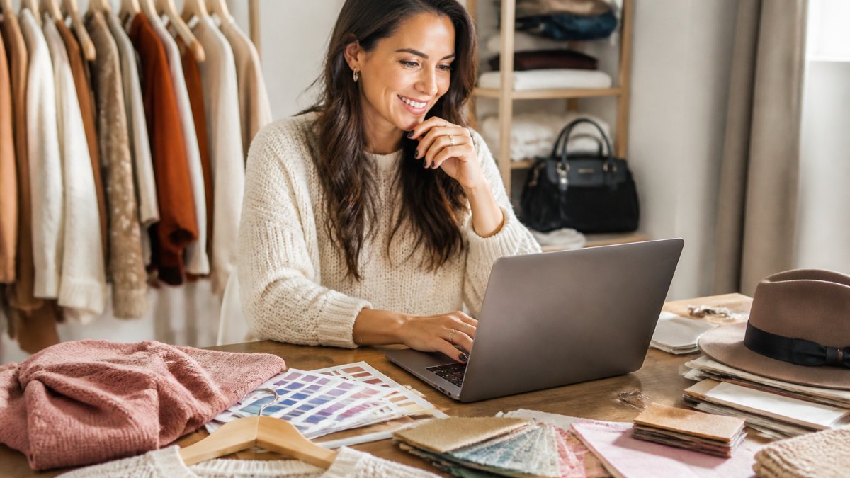 Woman browsing curated clothing selections on her laptop with a satisfied expression, surrounded by fashion pieces and style swatches on her desk