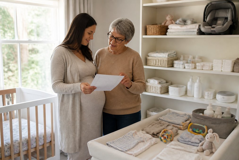 Parent and grandparent reviewing baby items together in a bright, modern nursery, holding a printed checklist and examining carefully selected products on shelves and a changing table, natural daylight streaming through windows